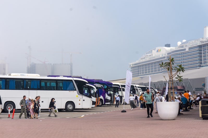 Motorcoaches wait outside Abu Dhabi's Port Zayed Cruise Terminal (Photo: Aaron Saunders)