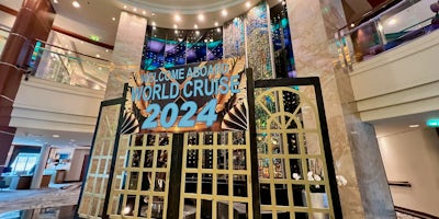 Welcome sign for Crystal 2024 World Cruise on Crystal Serenity (Photo: Chris Gray Faust)