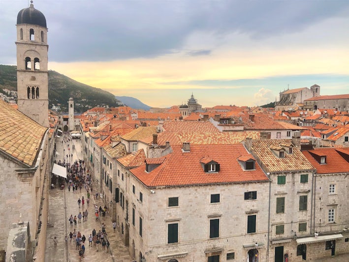 View of Dubrovnik and tiled rooftops from historic city walls