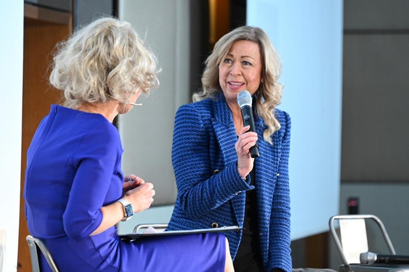 Kristin Karst, the Executive Vice President, Co-founder and Co-owner of AmaWaterways talks to Lucy Huxley at the CLIA River Cruise Conference (Photo: Steve Dunlop)
