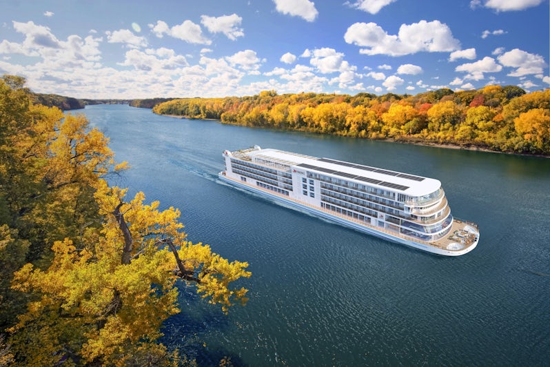 Exterior aerial rendering of Viking Mississippi cruising the Mississippi River in autumn