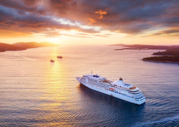 Exterior aerial shot of a cruise ship in Croatia at sunset