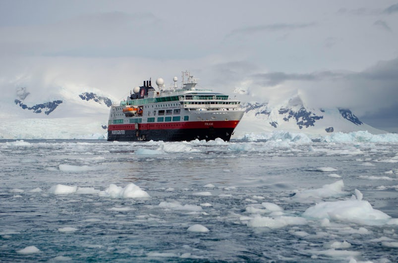 Exterior shot of Hurtigruten's Fram navigating icy waters in Antarctica