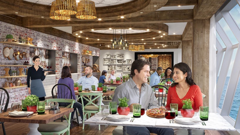 Rendering of passenger smiling and enjoying food and wine at Giovanni’s Italian Kitchen