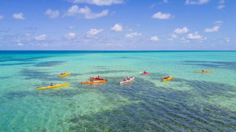 Aerial shot of group kayaking in brightly colored Caribbean waters