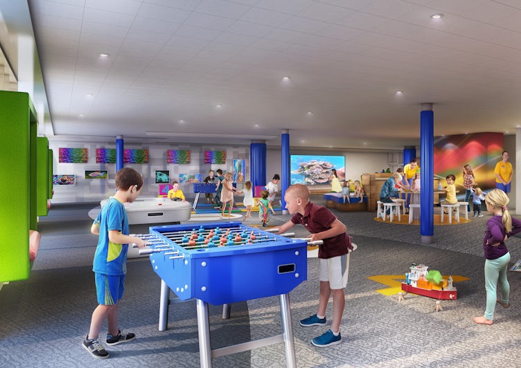Renderin of kids playing foosball and enjoying crafts in the reimagined kids club on Explorer of the Seas