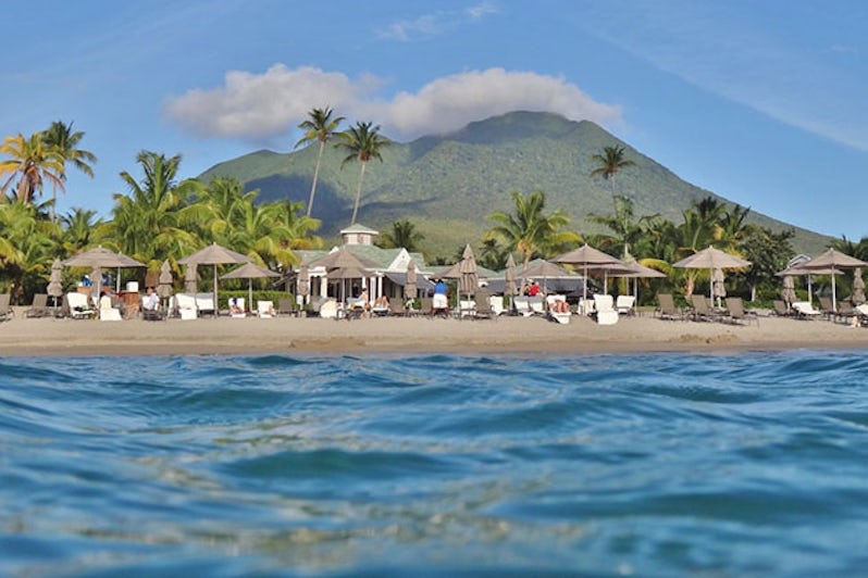 Pinney's Beach at the foot of the Nevis Peak volcano