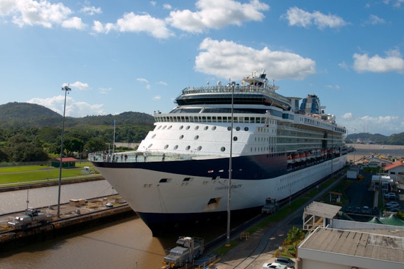 A cruise ship traversing the Panama Canal