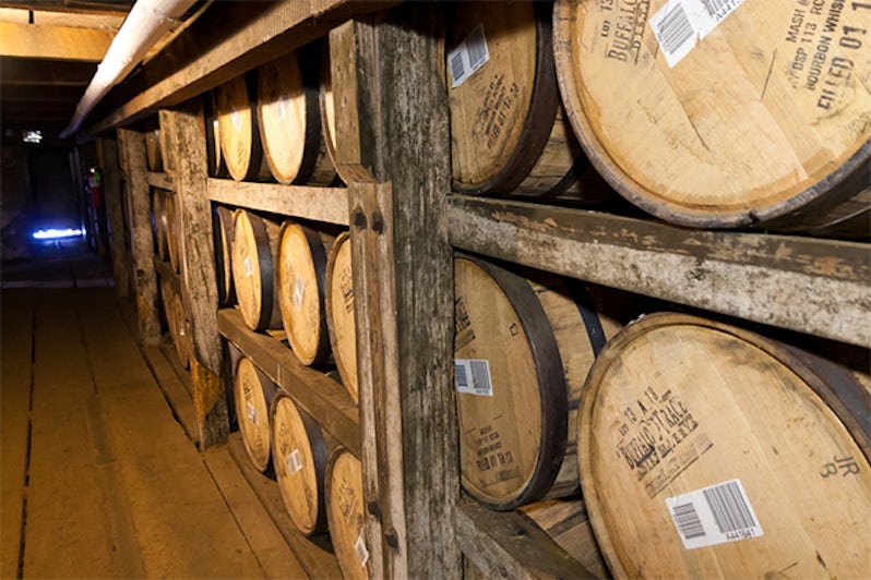 Bourbon barrels aging in Buffalo Trace Distillery in Frankfort, KY