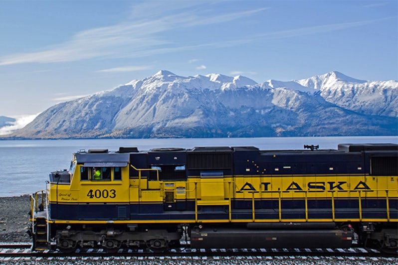 Alaska Railroad travels along Turnagain Arm with cruise ship passengers on the way to Seward, Alaska