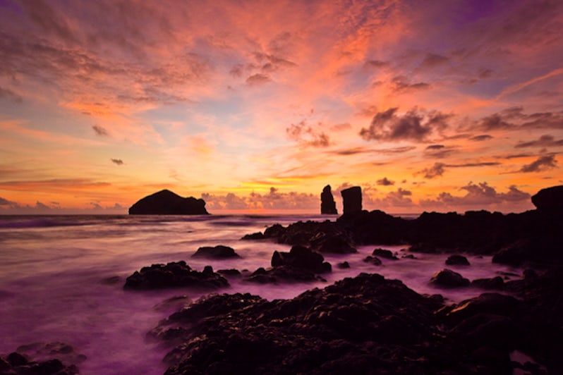 Sunset at the beach of Mosteiros with its islets, Azores islands, Portugal