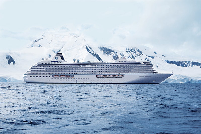 Exterior shot of Crystal Serenity with glaciers in the background