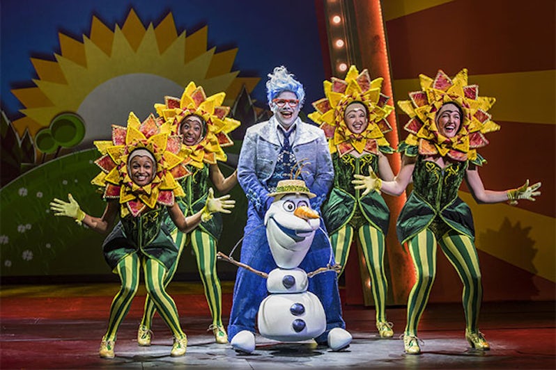 Olaf puppet and costumed actors onboard Disney Wonder for Frozen Musical