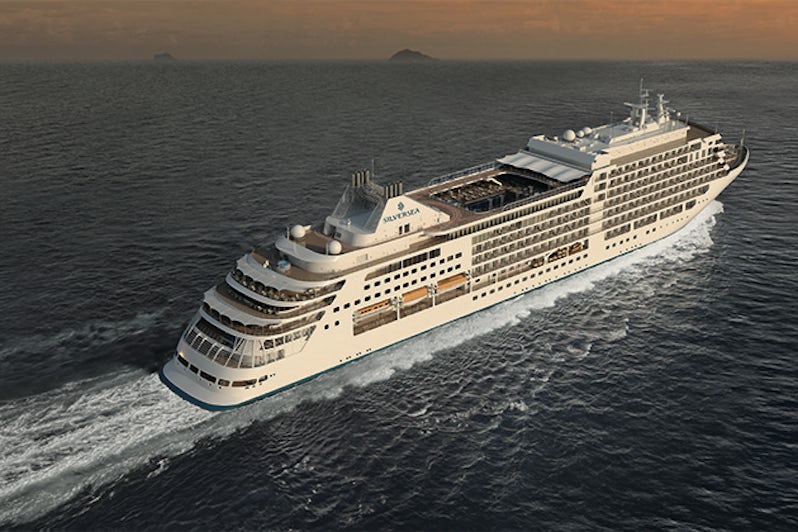 Aerial shot of Silver Muse at sea during sunset