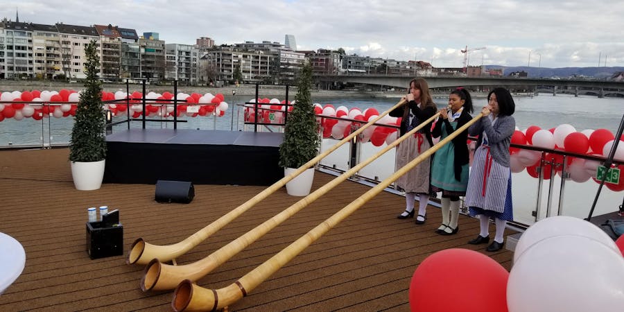 A trio of alpenhorn players at the Viking River Cruises christening (Photo: Colleen McDaniel/Cruise Critic) A trio of alpenhorn players at the Viking River Cruises christening (Photo: Colleen McDaniel/Cruise Critic)