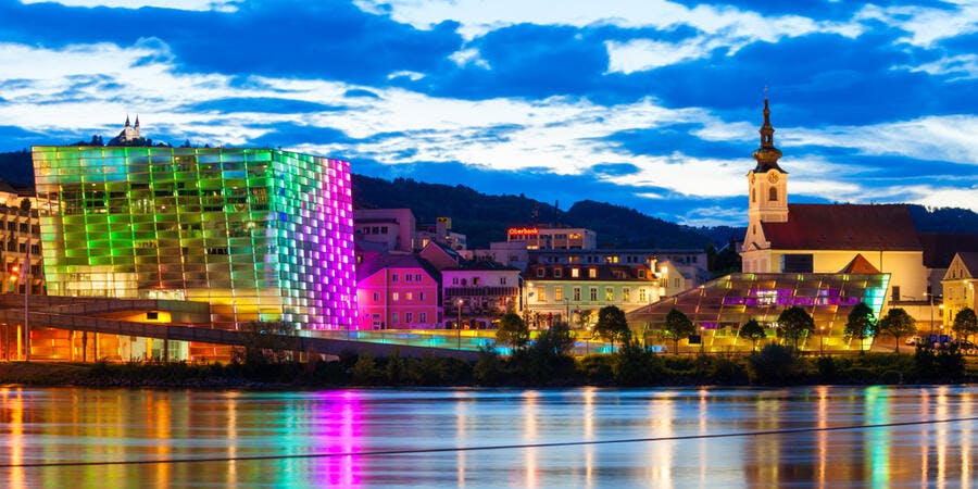 In Linz, evening light shows at the futuristic Ars Electronica Center are amazing. (Photo via Shutterstock) In Linz, evening light shows at the futuristic Ars Electronica Center are amazing. (Photo via Shutterstock)