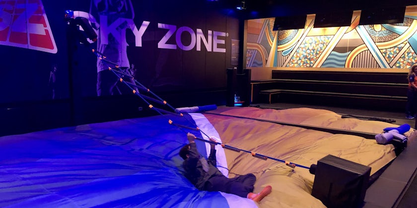 Male passenger holding onto a rope ladder at the SkyZone Trampoline Park