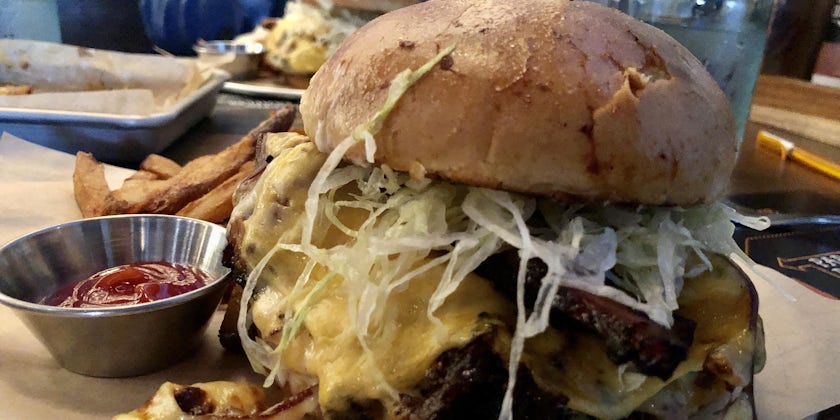 Close-up shot of a burger at Guy's Pig & Anchor Smokehouse