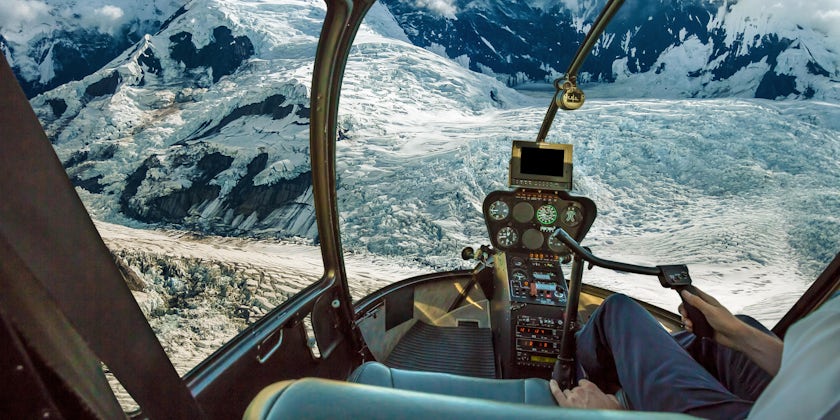 View of Denali from inside of a helicopter during a flightseeing tour in Alaska