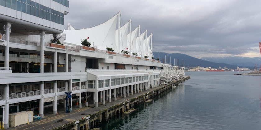 An empty Canada Place terminal in Vancouver on a cloudy day