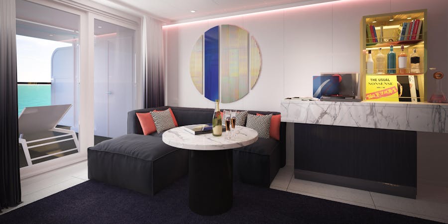 Gorgeous Suite: one of eight types of RockStar Suites onboard Virgin Voyages' Scarlet Lady (Photo: Virgin Voyages) Gorgeous Suite: one of eight types of RockStar Suites onboard Virgin Voyages' Scarlet Lady (Photo: Virgin Voyages)