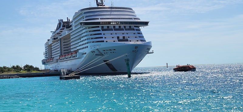 This is the ship while docked at Ocean Cay.