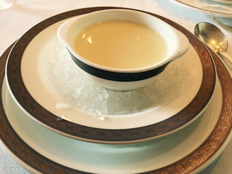 Qm2 Queens Grill - always get a laugh that they ice down the chilled soups