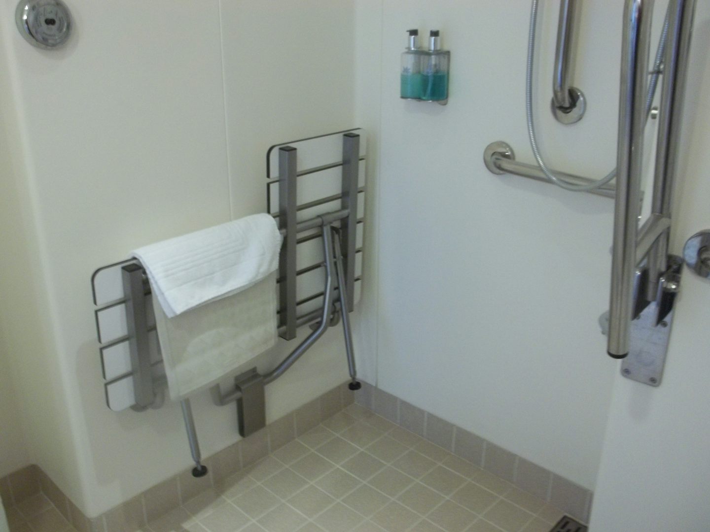Shower area with floor drain perimenter, sturdy pull down bench.