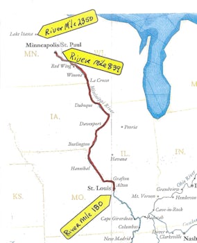 Map of the distance covered on the Mississippi
