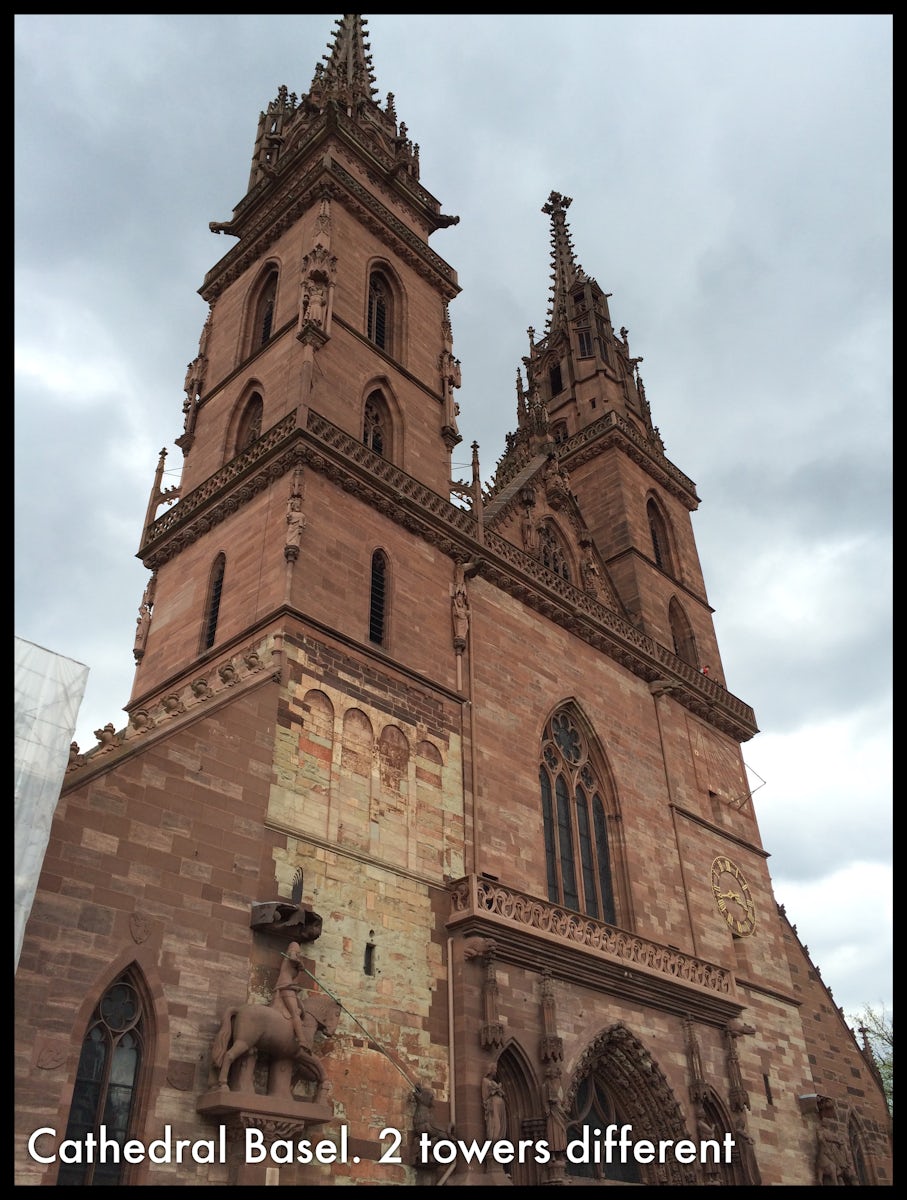 Cathedral in Basel.  The two towers are of different styles