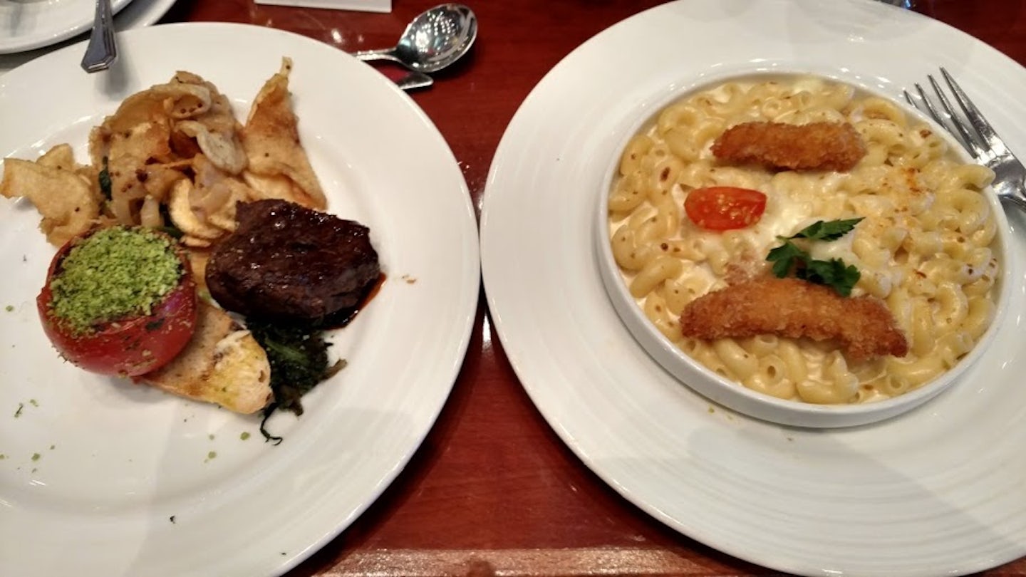 Sea Day Brunch - fillet mignon and mac and cheese with chicken.