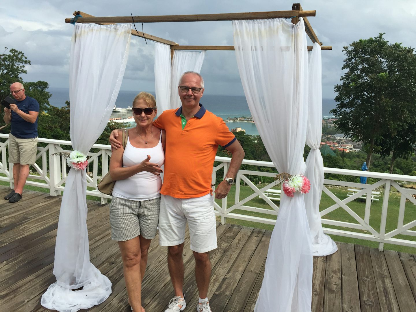 Me and my wife at Ocho Rios, Jamaica, with Celebrity Reflection in the back ground. We loved our week on board. The service was perfect and the food delicious. Very elegant furnishings over all and in the staterooms.
