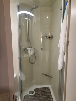 bathroom, nice and spacious with nice glass door and foot rest for shaving