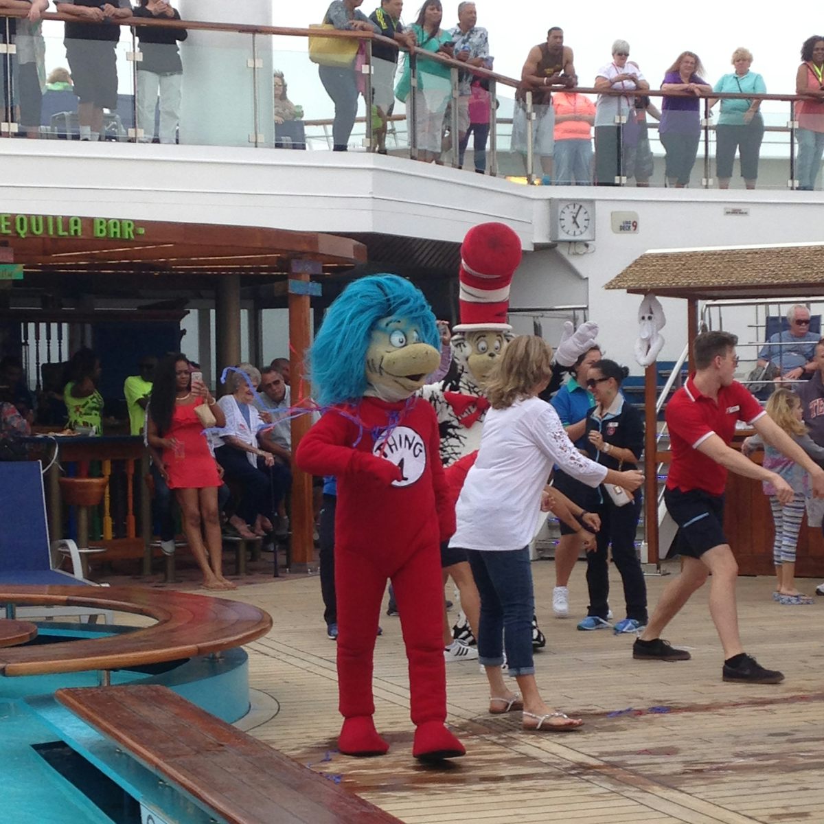 Thing 1 and Thing 2 dancing on Lido Deck