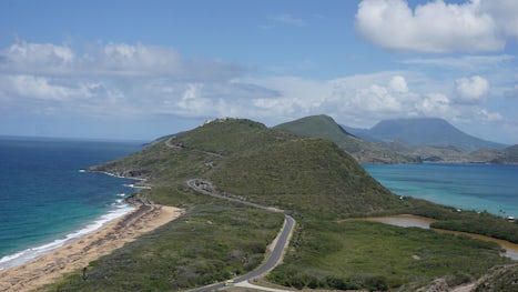 St. Kitts, Nevis in the background with the Atlantic on the left and the Caribbean