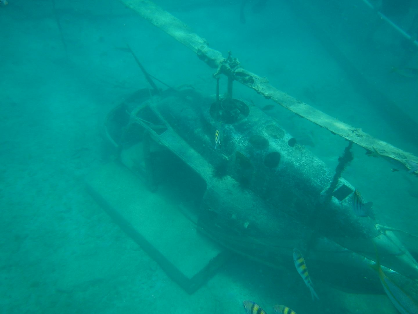 Underwater helicopter wreck in St. Maarten.