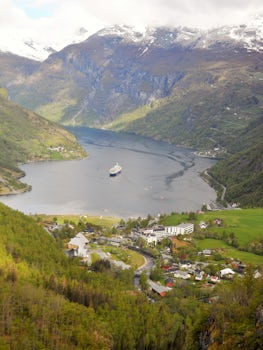 Geiranger Fjord looking down on the village of Geiranger with Marco Polo anchored just offshore.