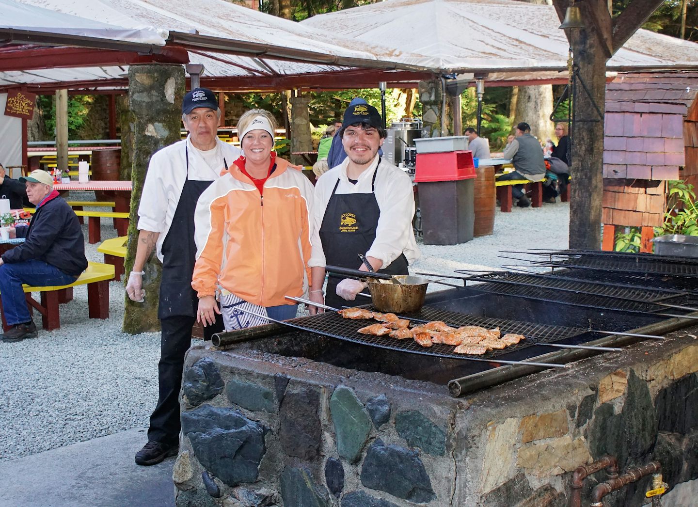This is Dave and Juan smoking salmon in Juneau during our gold panning and salmon bake excursion.