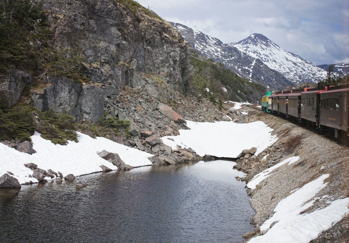 A view of the front of our train and beautiful landscape during our White Pass Summit excursion in Skagway.