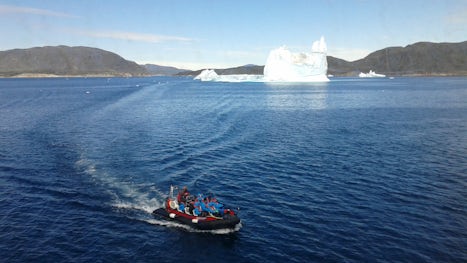 A small 10-pax boat used to explore stationary icebergs from MS Fram in sou
