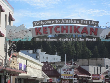 The welcome sign at Ketchikan. It rains 14' in Ketchikan annually. We d