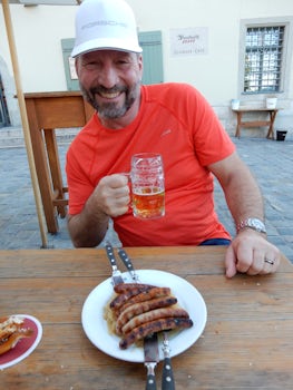 Eating sausage at the oldest sausage restaurant around, circa 1166, Regensb