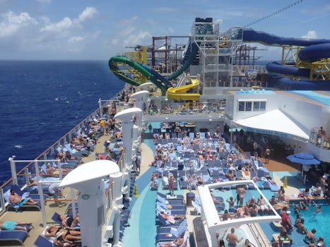 View of the Ship looking Aft. Foreground, pool area, Water slide