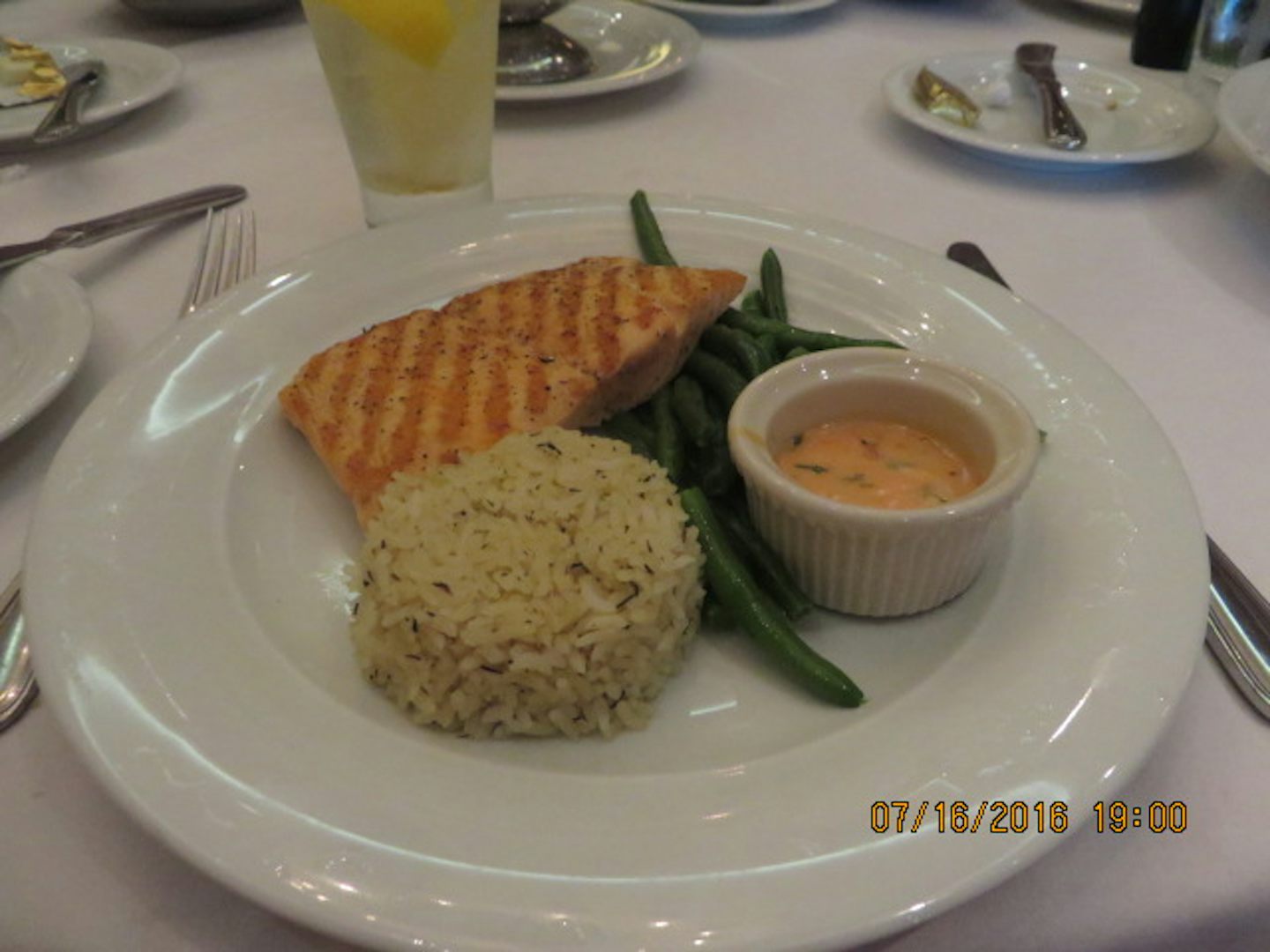 Grilled Salmon, Rice, Green Beans, Liberty Dining Room