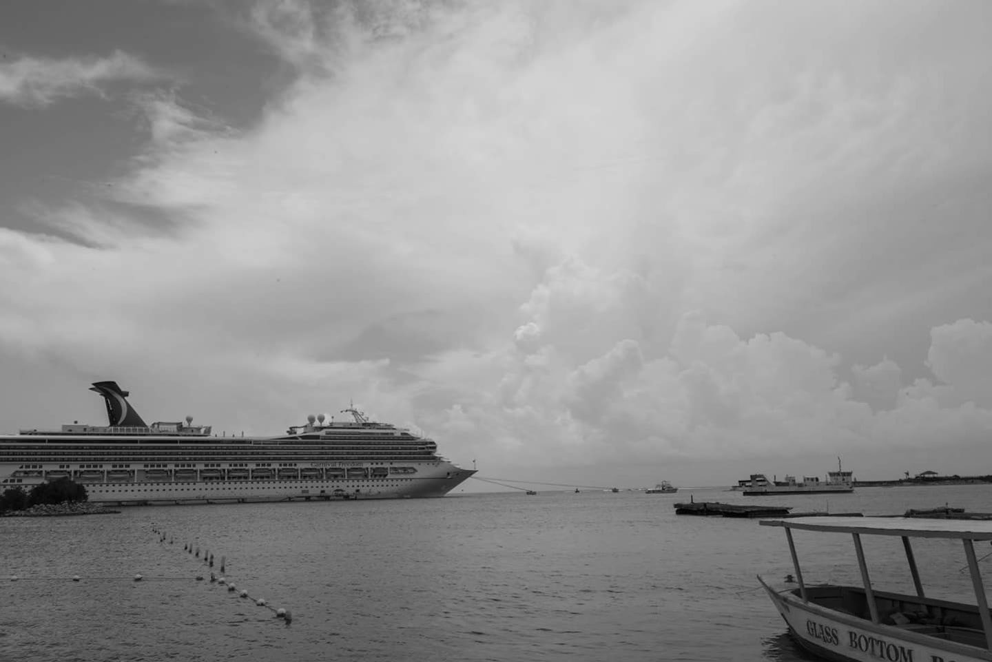 Carnival Freedom docked at Ocho Rios. I was sitting on the beach watching the clouds looming in the background. Shot with Nikon D800 with 24-70 f/2.8
