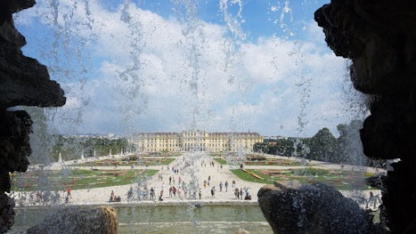 Shoenbrunn Palace looking through the fountain in the gardens
