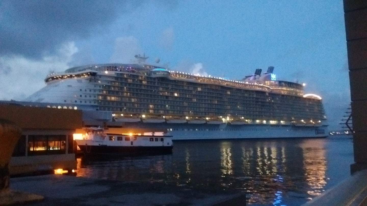 Night view of ship docked at Puerto Rico.