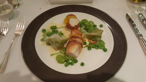 Delicious dinner. Monk fish wrapped in bacon and scallops. The Verandah Restaurant.