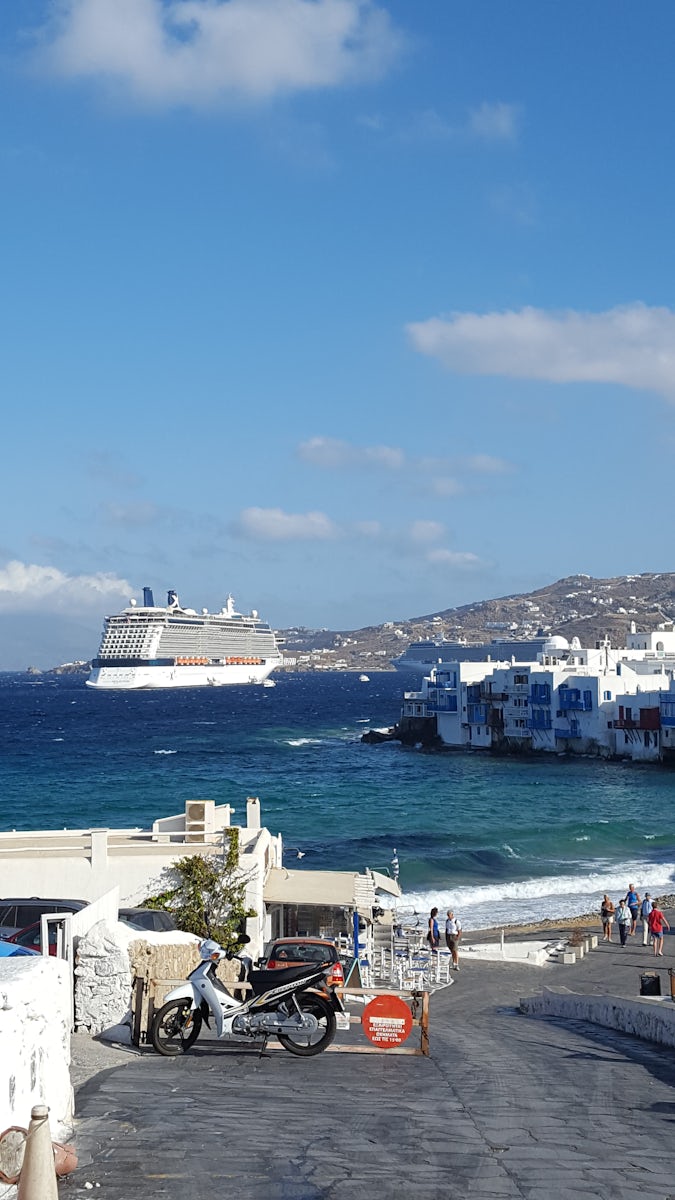The ship looking awesome from a little cafe in Little Venice Mykonos
