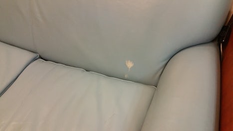 Couch in living room with worn/ torn fabric.